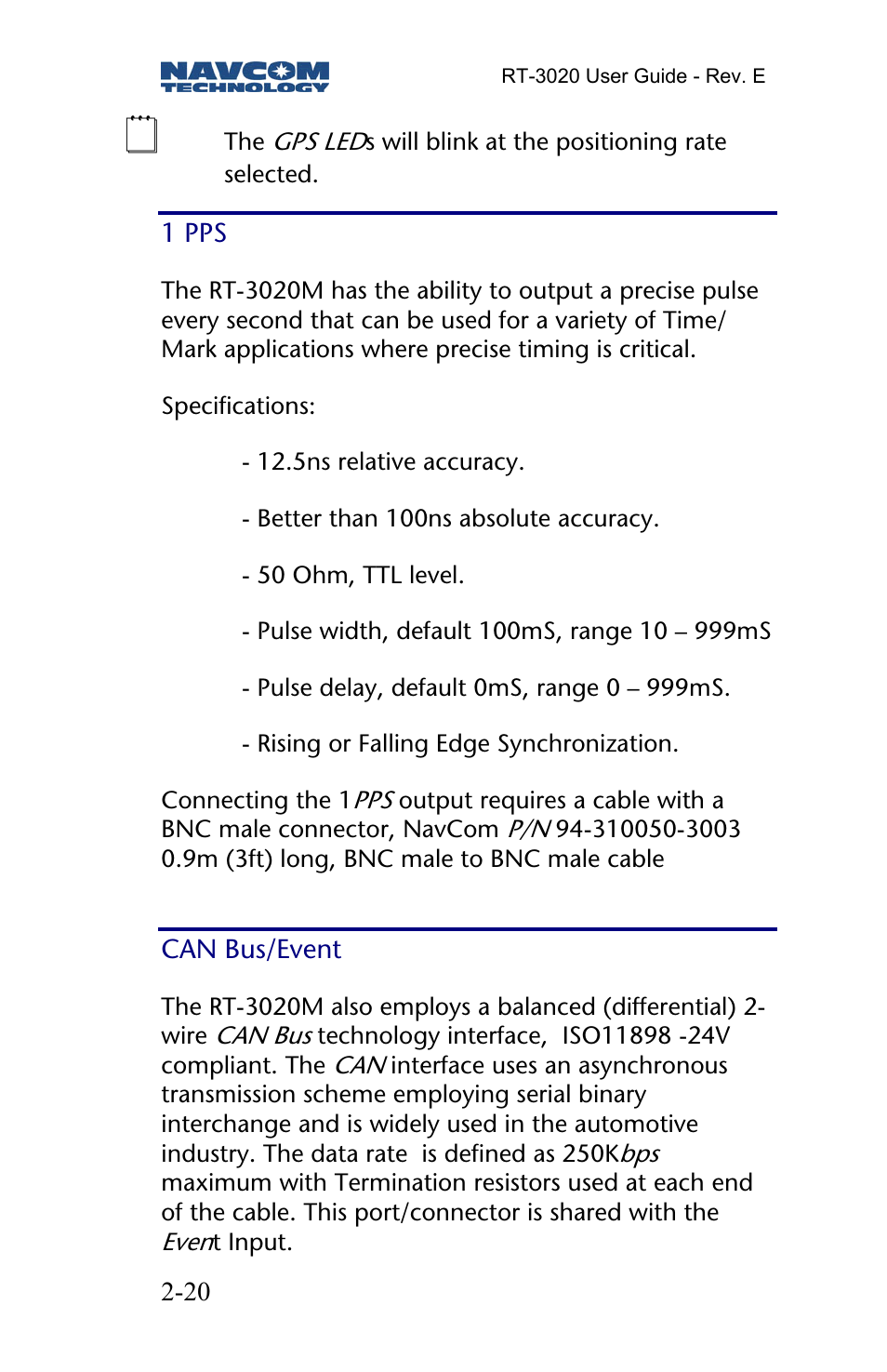 1 pps, Can bus/event | NavCom RT-3020 Rev.D User Manual | Page 22 / 61