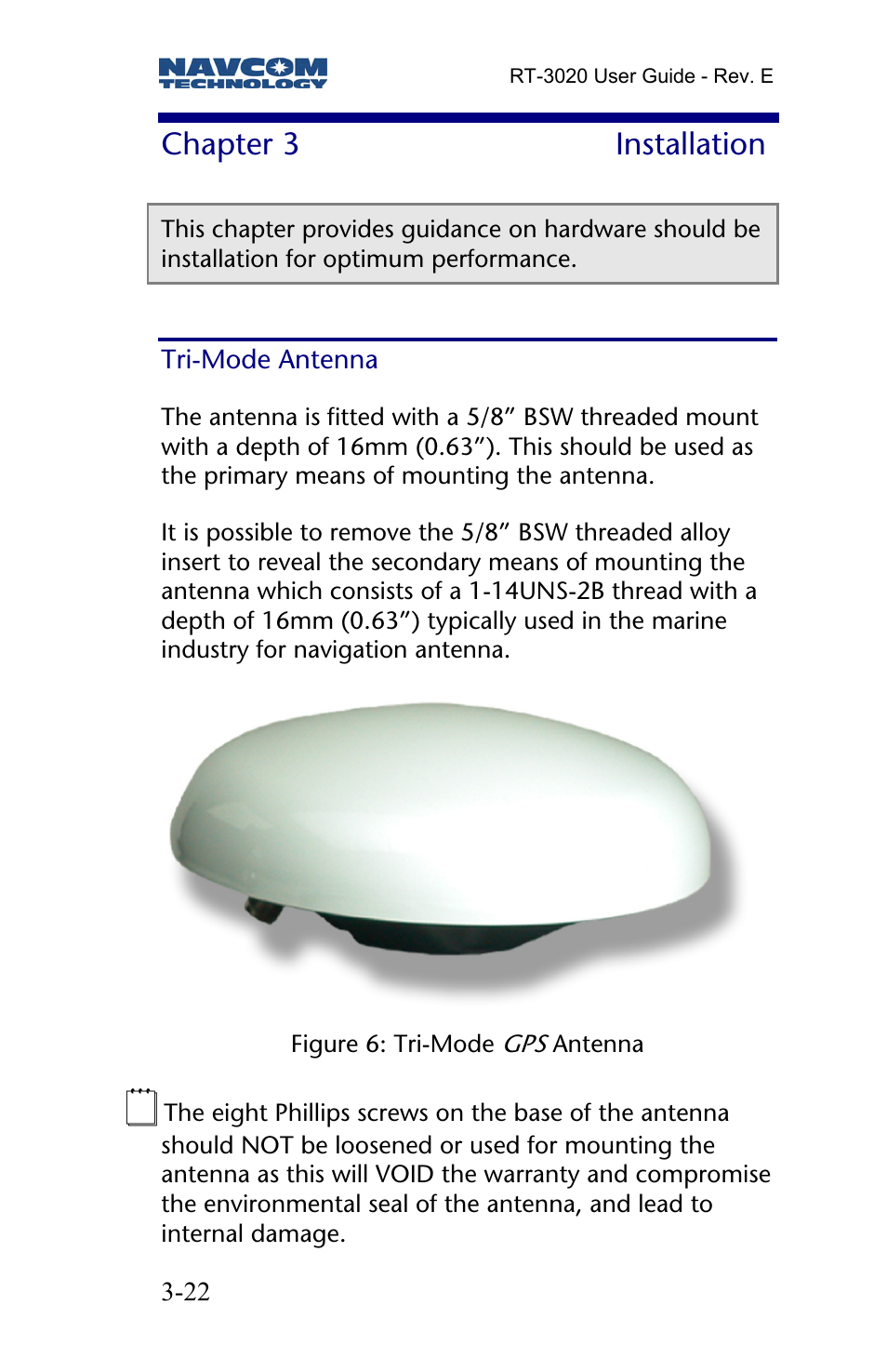 Chapter 3 installation, Tri-mode antenna, Chapter 3 | Installation | NavCom RT-3020 Rev.D User Manual | Page 24 / 61