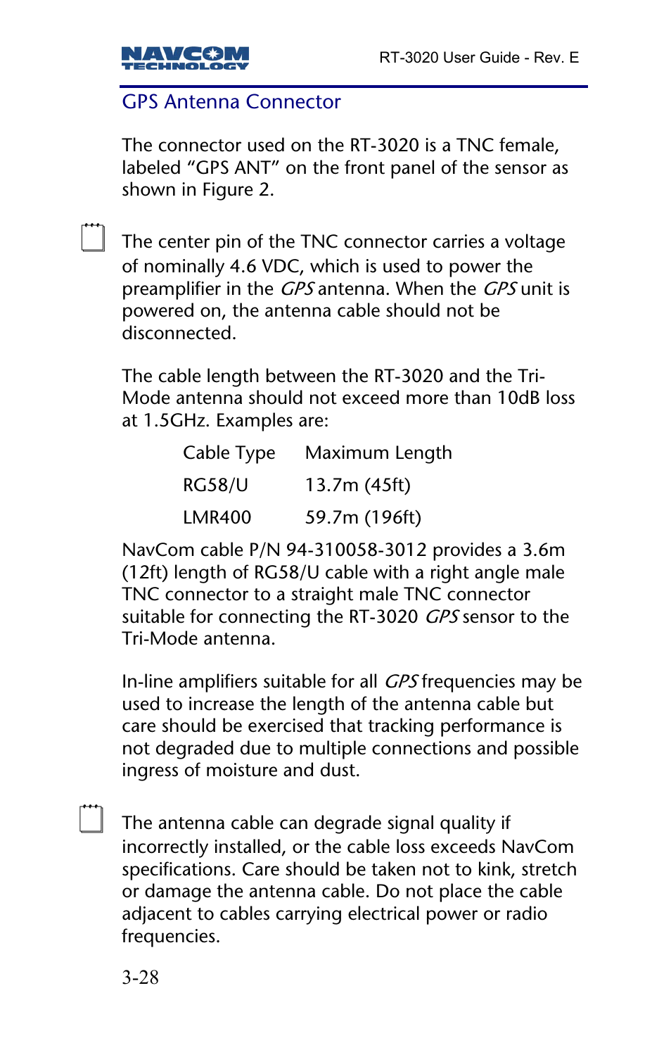 Gps antenna connector | NavCom RT-3020 Rev.D User Manual | Page 30 / 61