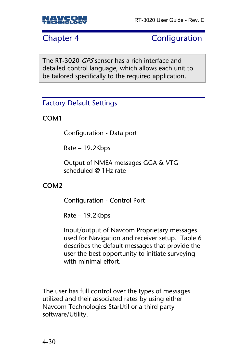 Chapter 4 configuration, Factory default settings, Chapter 4 | Configuration | NavCom RT-3020 Rev.D User Manual | Page 32 / 61