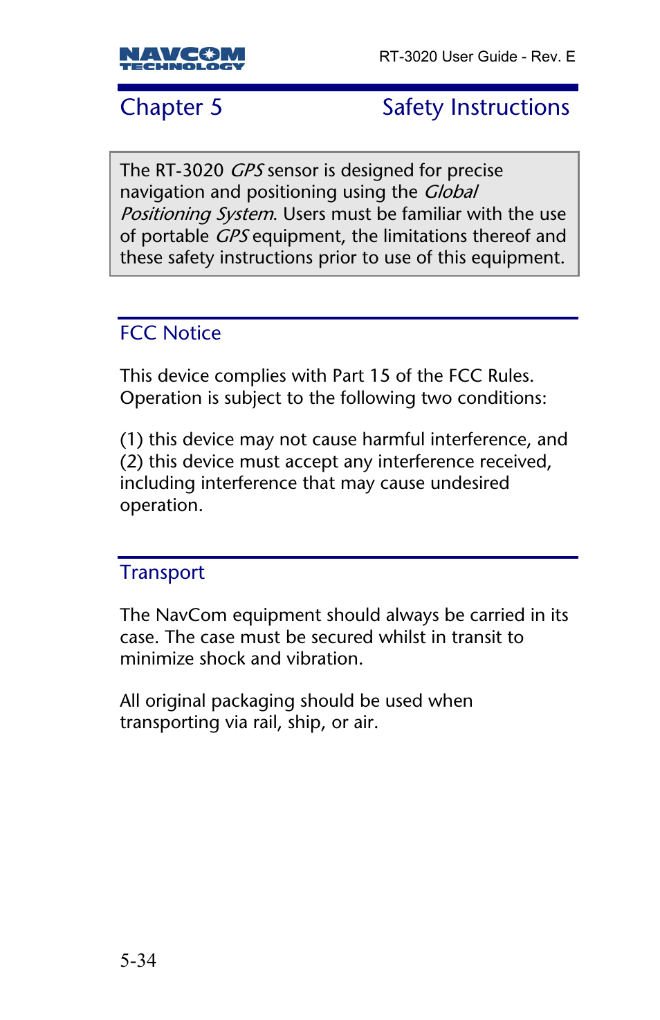 Chapter 5 safety instructions, Fcc notice, Transport | Chapter 5, Safety instructions | NavCom RT-3020 Rev.D User Manual | Page 36 / 61