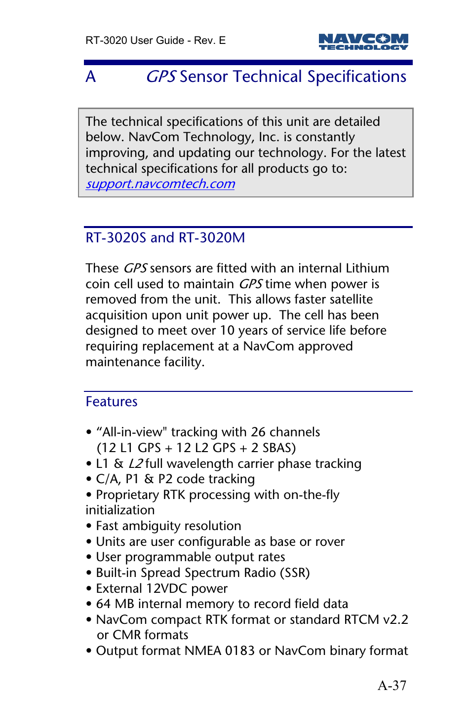 A gps sensor technical specifications, Rt-3020s and rt-3020m, Features | Sensor technical specifications | NavCom RT-3020 Rev.D User Manual | Page 39 / 61