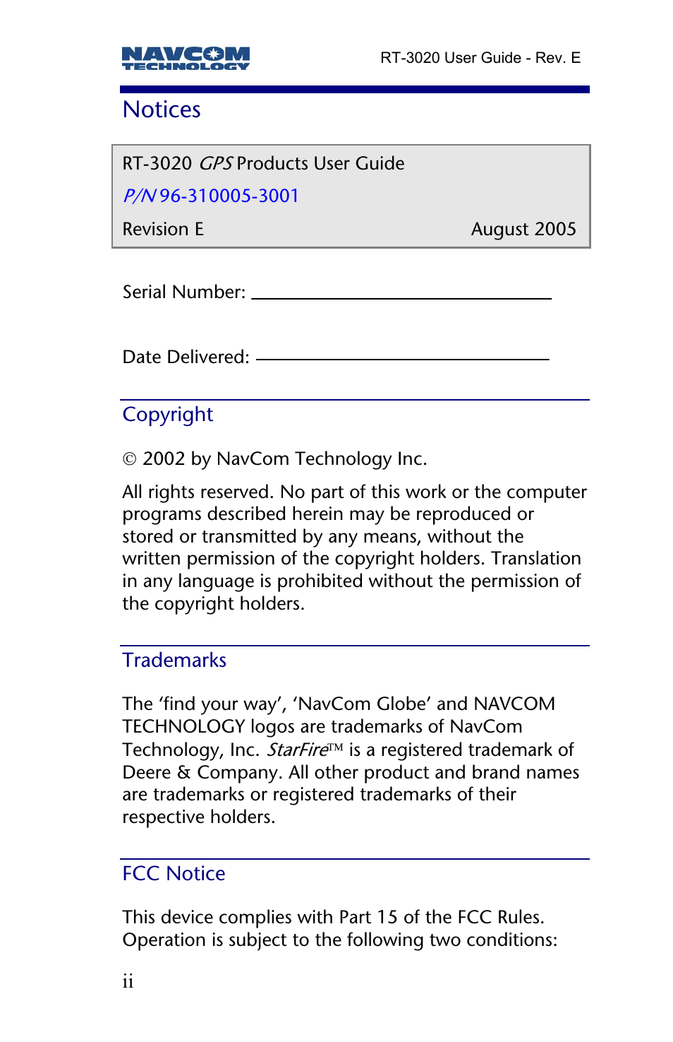 Notices, Copyright, Trademarks | Fcc notice | NavCom RT-3020 Rev.D User Manual | Page 4 / 61