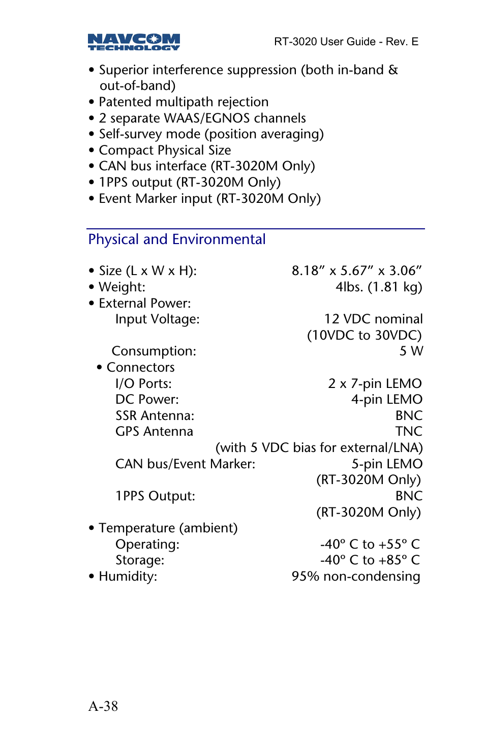 Physical and environmental | NavCom RT-3020 Rev.D User Manual | Page 40 / 61