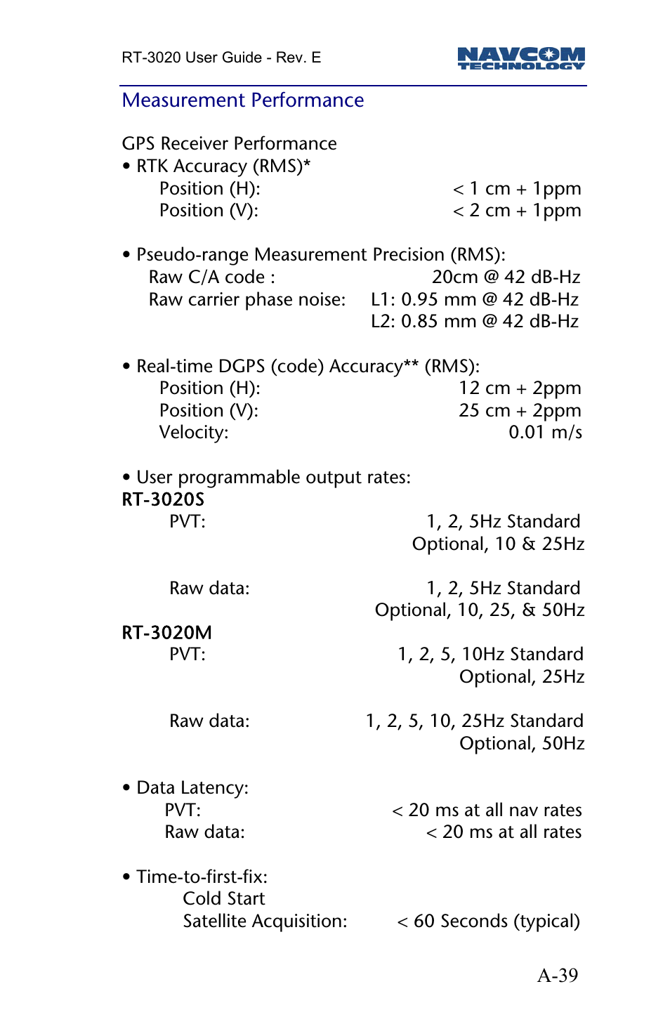 Measurement performance | NavCom RT-3020 Rev.D User Manual | Page 41 / 61