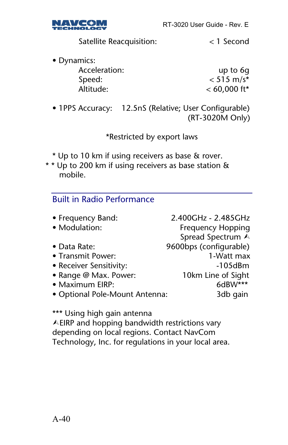 Built in radio performance | NavCom RT-3020 Rev.D User Manual | Page 42 / 61