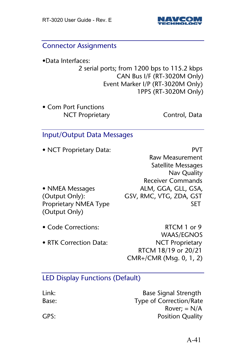 Connector assignments, Input/output data messages, Led display functions (default) | NavCom RT-3020 Rev.D User Manual | Page 43 / 61