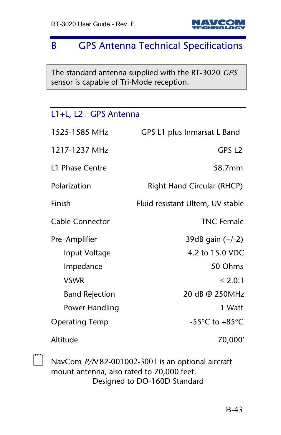 B gps antenna technical specifications, L1+l, l2 gps antenna, Gps antenna technical specifications | Bgps antenna technical specifications | NavCom RT-3020 Rev.D User Manual | Page 45 / 61