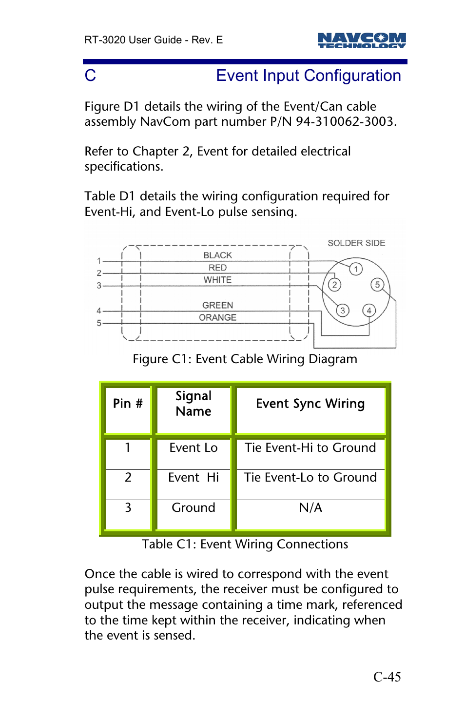 C event input configuration, Cevent input configuration | NavCom RT-3020 Rev.D User Manual | Page 47 / 61