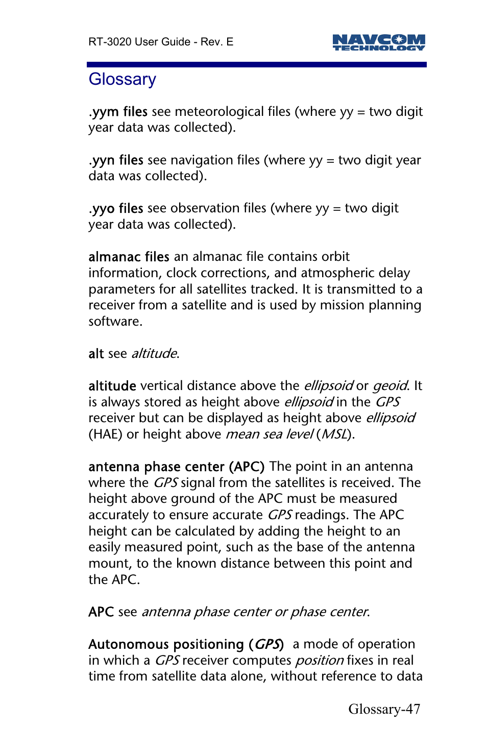 Glossary | NavCom RT-3020 Rev.D User Manual | Page 49 / 61