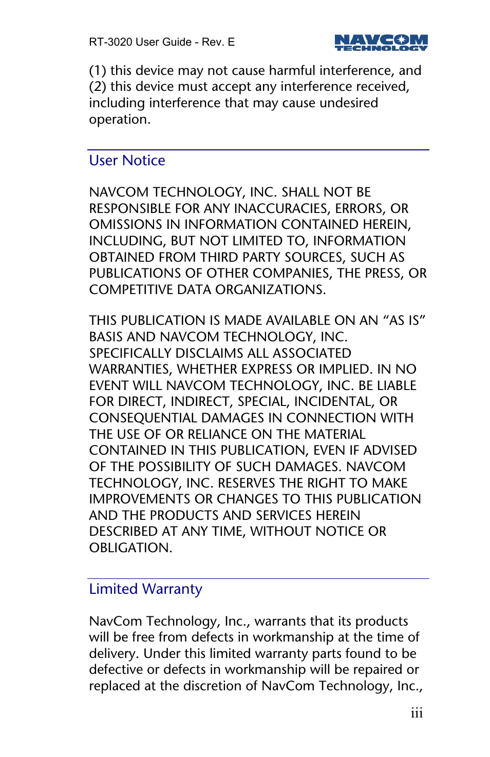 User notice, Limited warranty | NavCom RT-3020 Rev.D User Manual | Page 5 / 61