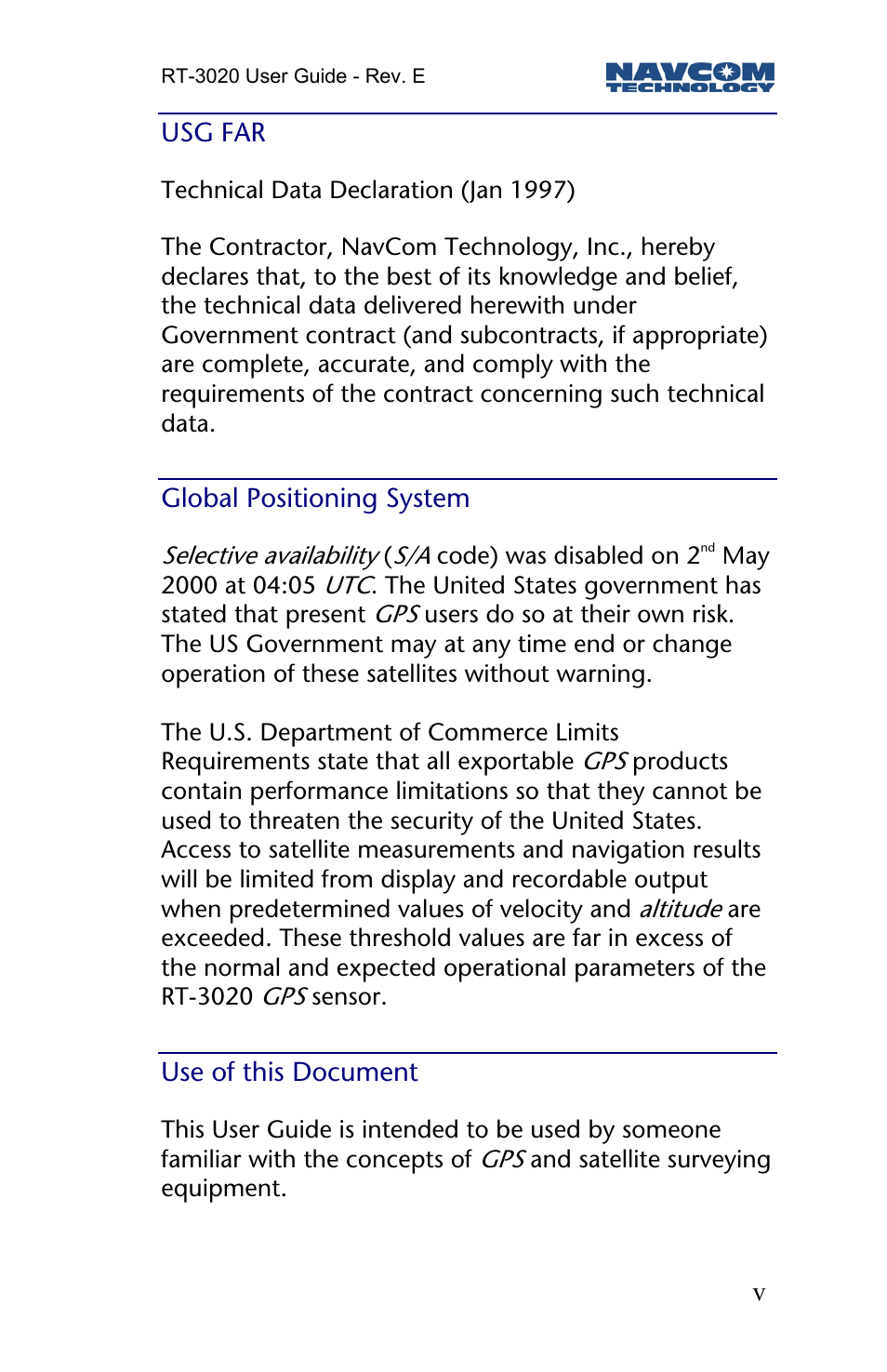 Usg far, Global positioning system, Use of this document | NavCom RT-3020 Rev.D User Manual | Page 7 / 61