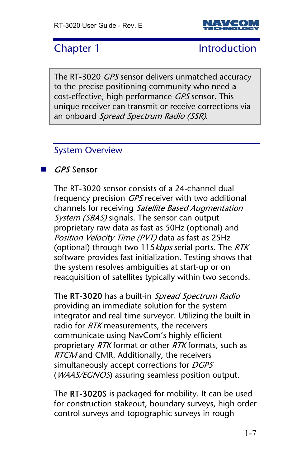 Chapter 1 introduction, System overview | NavCom RT-3020 Rev.D User Manual | Page 9 / 61