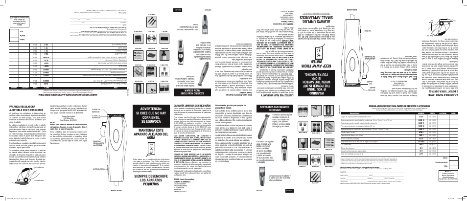 Keep aw ay from water, Alw ays unplug small appliances, Mantenga este aparato alejado del agua | Siempre desenchufe los aparatos pequeños, Adjustable t aper lever 5 detent taper control, Lim ite d f ive ye ar war ran ty, Palanca reguladora ajustable con 5 posiciones, Exciting new items from conair, Novedades fascinantes de conair, Garantía limitada de cinco años | Conair HC245Z User Manual | Page 2 / 2