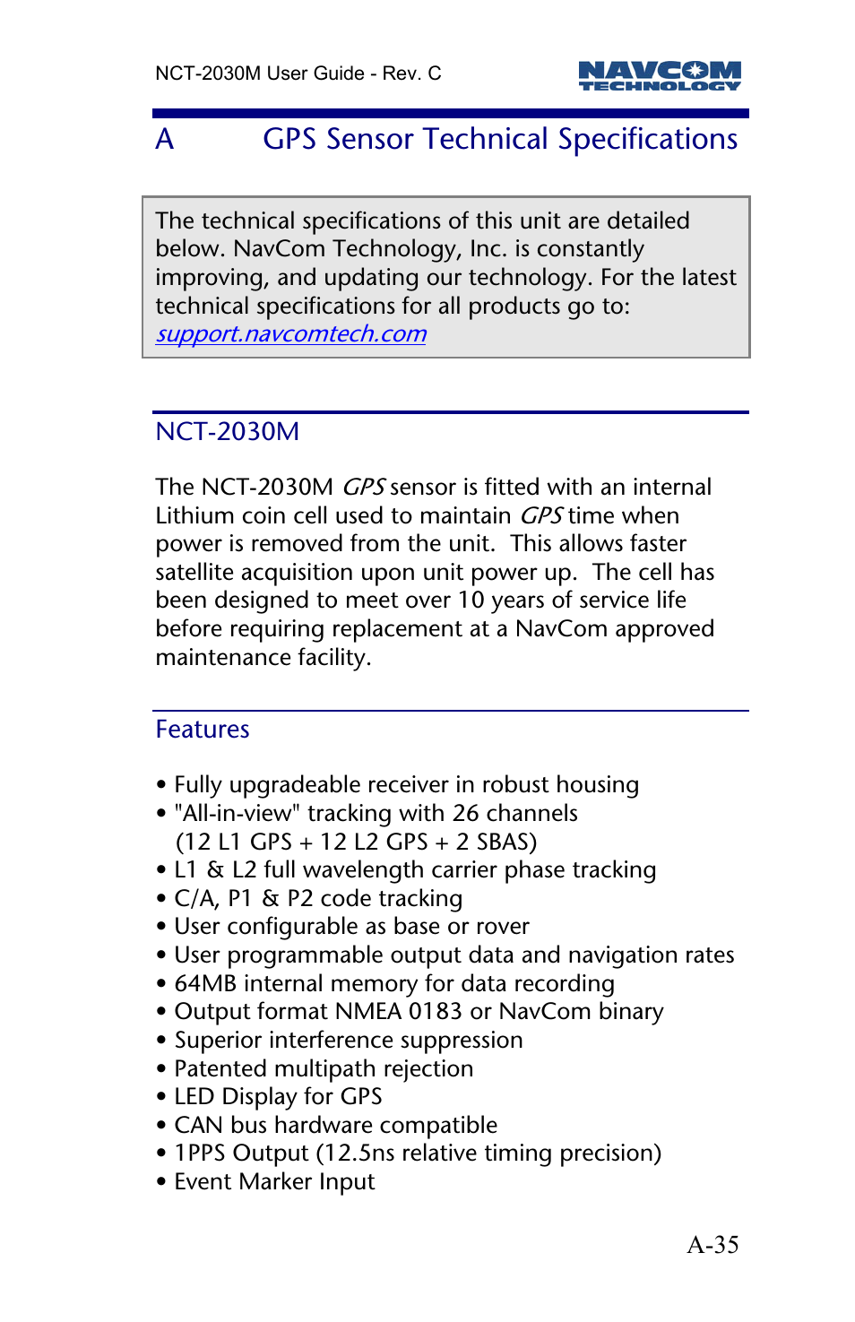A gps sensor technical specifications, Nct-2030m, Features | Gps sensor technical specifications, Agps sensor technical specifications | NavCom NCT-2030M Rev.C User Manual | Page 37 / 57