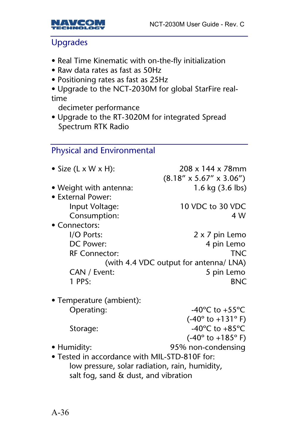 Upgrades, Physical and environmental | NavCom NCT-2030M Rev.C User Manual | Page 38 / 57
