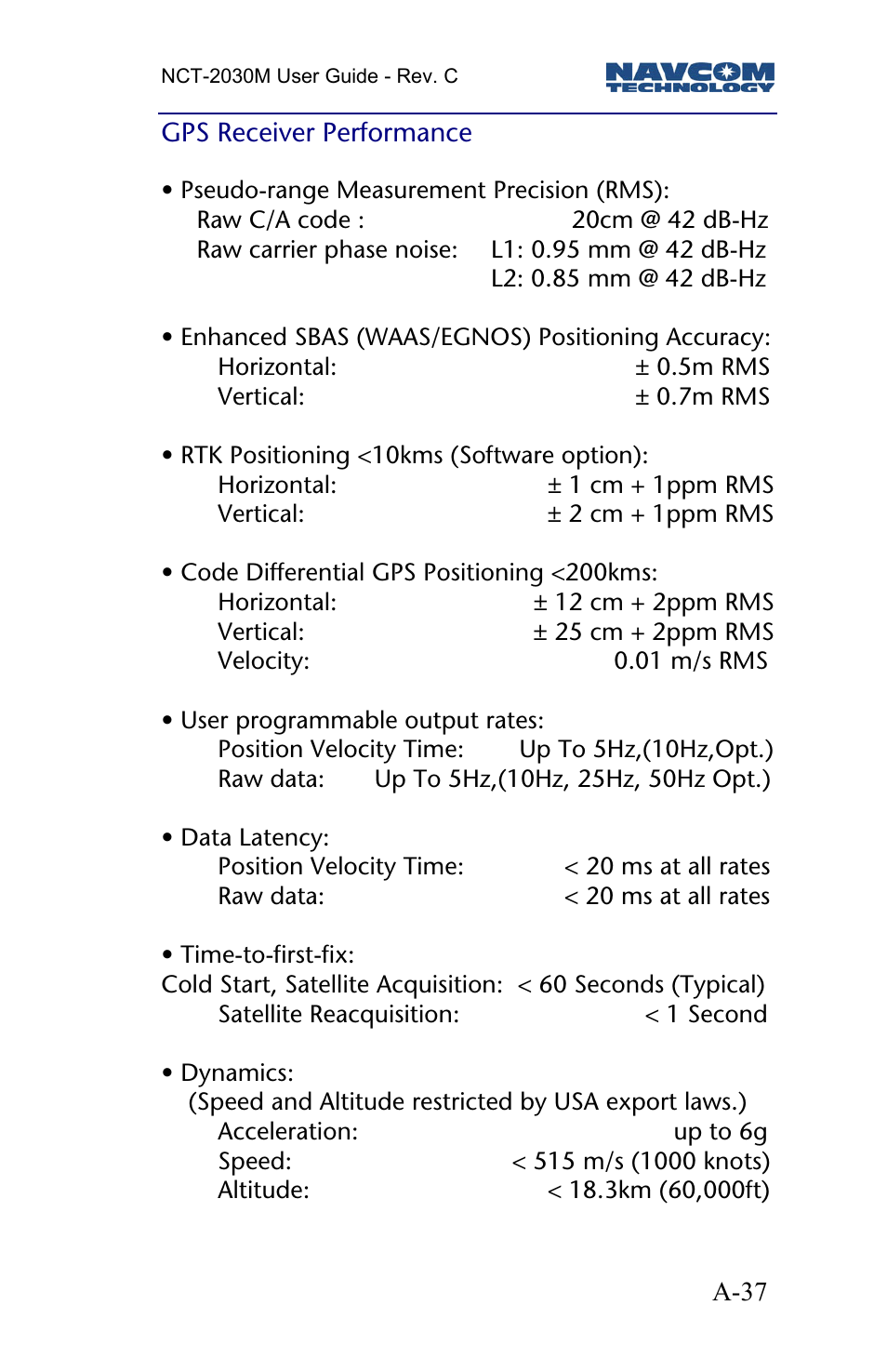 Gps receiver performance | NavCom NCT-2030M Rev.C User Manual | Page 39 / 57