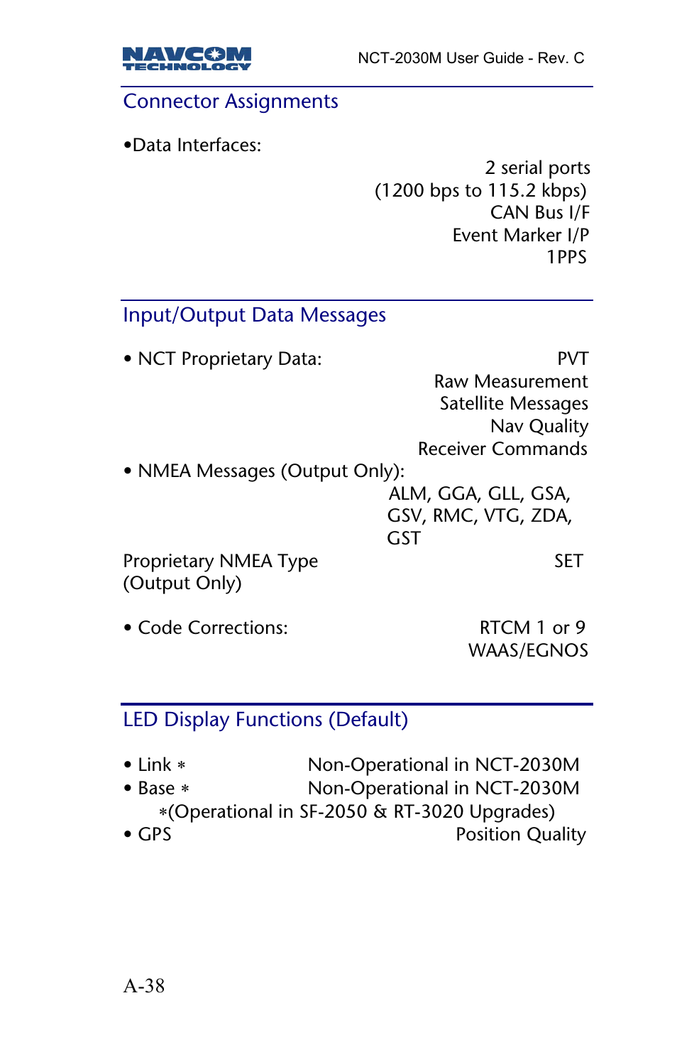 Connector assignments, Input/output data messages, Led display functions (default) | NavCom NCT-2030M Rev.C User Manual | Page 40 / 57