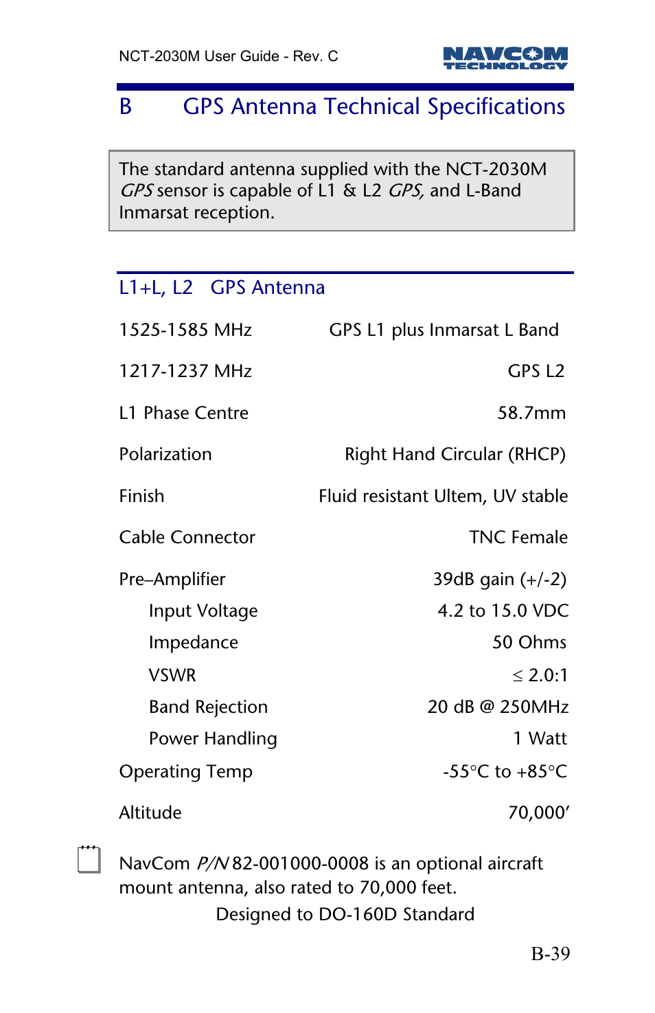 B gps antenna technical specifications, L1+l, l2 gps antenna, Gps antenna technical specifications | Bgps antenna technical specifications | NavCom NCT-2030M Rev.C User Manual | Page 41 / 57