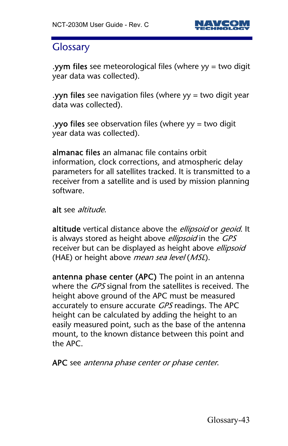 Glossary | NavCom NCT-2030M Rev.C User Manual | Page 45 / 57