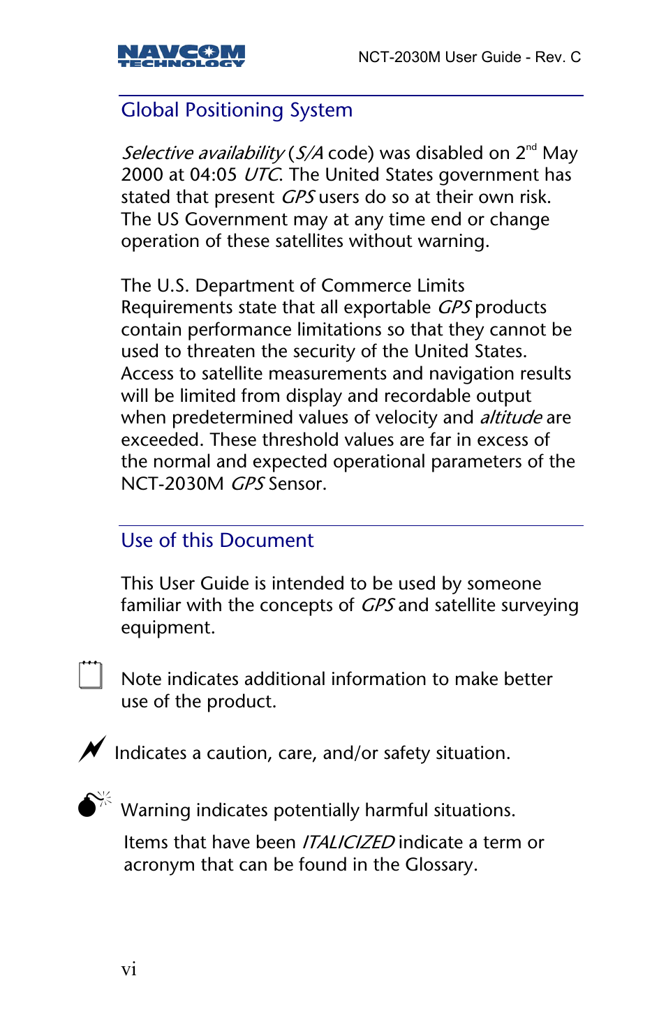 Global positioning system, Use of this document | NavCom NCT-2030M Rev.C User Manual | Page 8 / 57