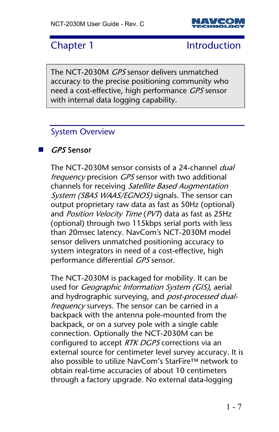 Chapter 1 introduction, System overview | NavCom NCT-2030M Rev.C User Manual | Page 9 / 57