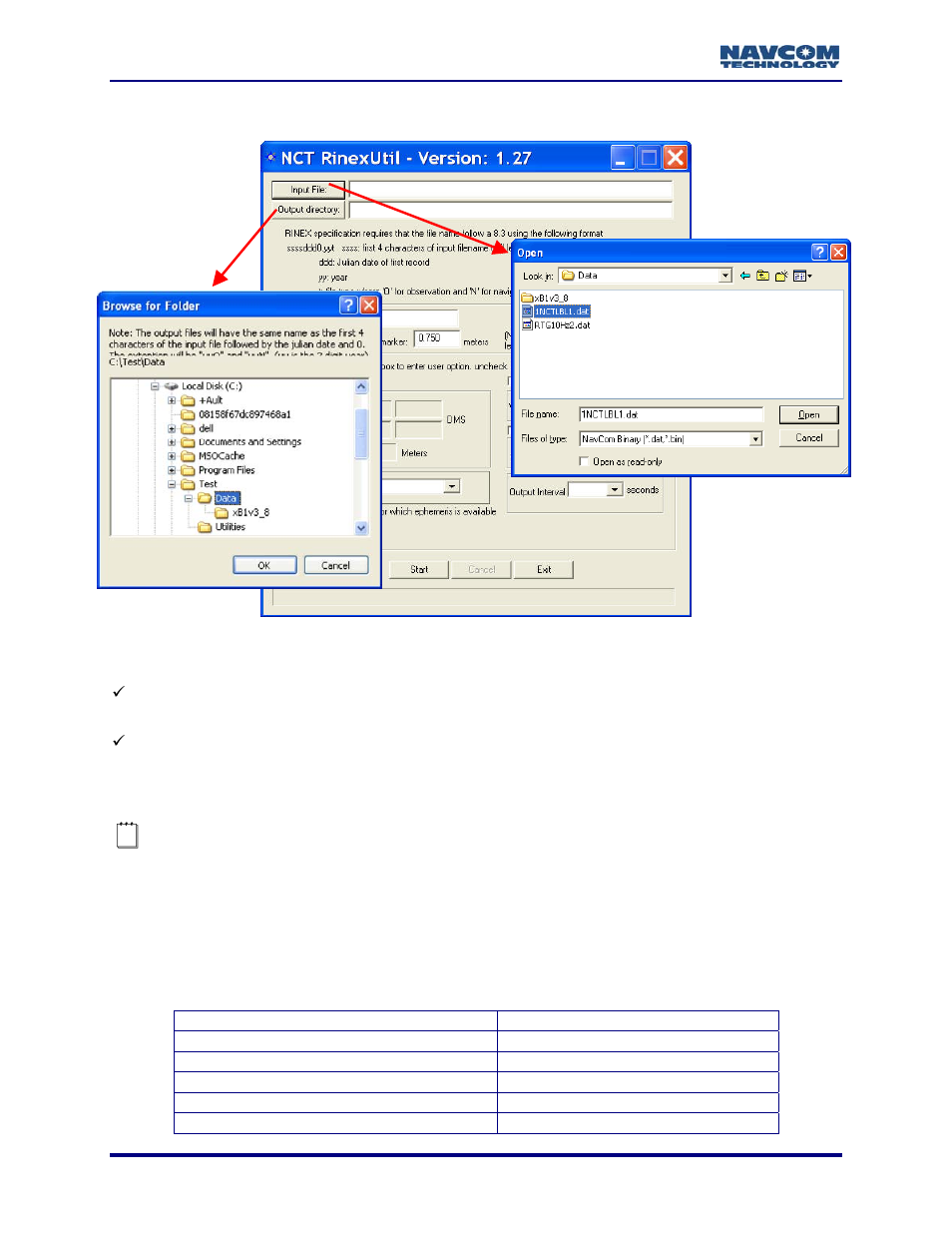 File i/o, Figure 2: input file and output directory, Table 1: rinex utility defaults | NavCom Rinex Utility Rev C User Manual | Page 10 / 17