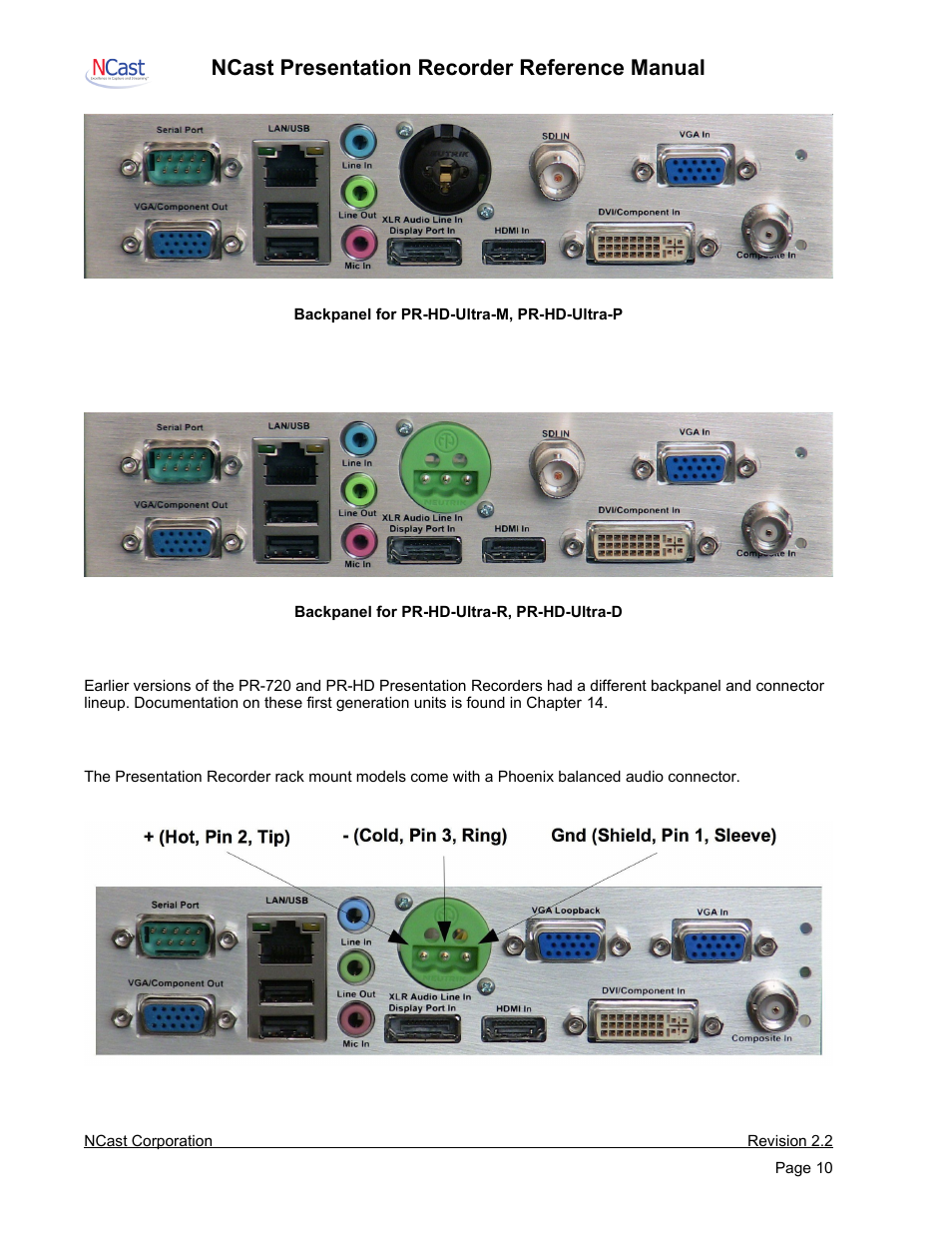 Presentation recorders – phoenix connector wiring, Ncast presentation recorder reference manual | NCast PR-HD User Manual | Page 10 / 113