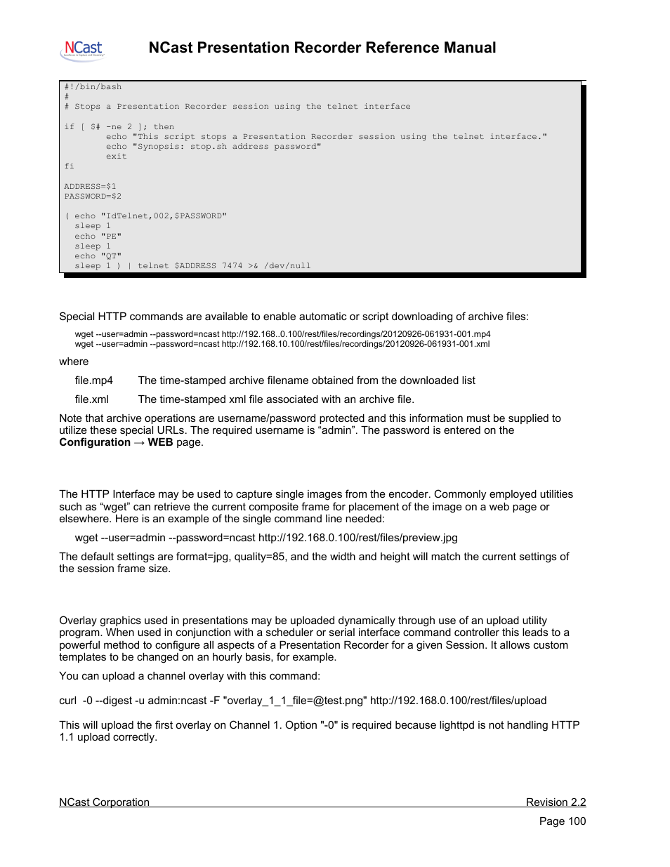 Rest interface – archive download, Rest interface – image and thumbnail capture, Rest interface – graphics overlay upload | Ncast presentation recorder reference manual | NCast PR-HD User Manual | Page 100 / 113