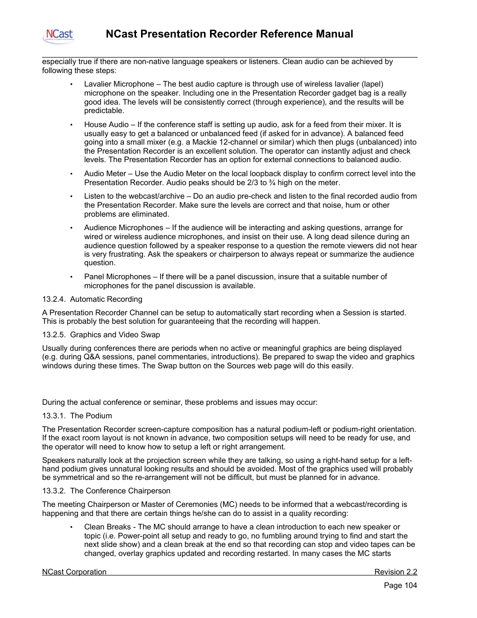 Conference day problems and issues, Ncast presentation recorder reference manual | NCast PR-HD User Manual | Page 104 / 113