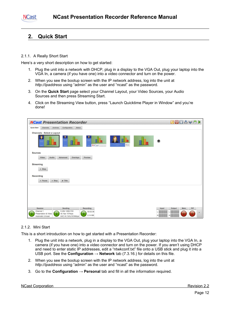 Quick start, Startup | NCast PR-HD User Manual | Page 12 / 113