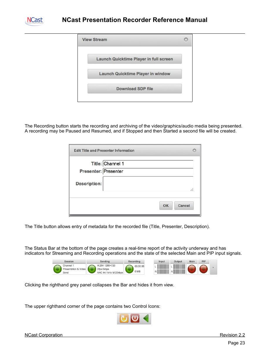 Recording, Status bar, Control icons | Ncast presentation recorder reference manual | NCast PR-HD User Manual | Page 23 / 113