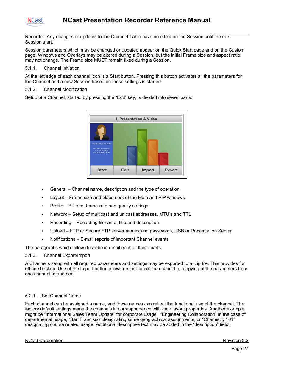 Edit channel – general, Ncast presentation recorder reference manual | NCast PR-HD User Manual | Page 27 / 113