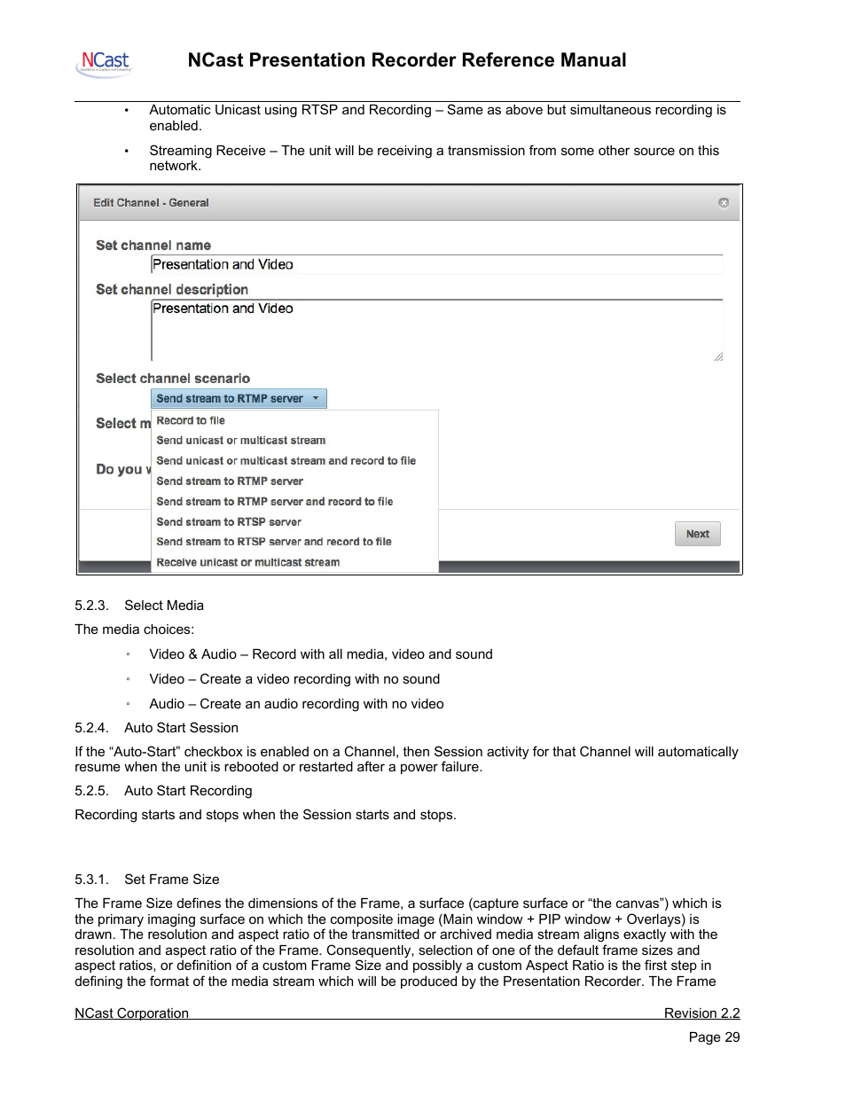 Edit channel – frame size, Ncast presentation recorder reference manual | NCast PR-HD User Manual | Page 29 / 113