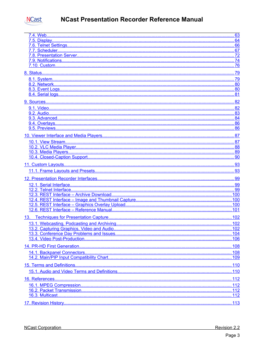 Ncast presentation recorder reference manual | NCast PR-HD User Manual | Page 3 / 113