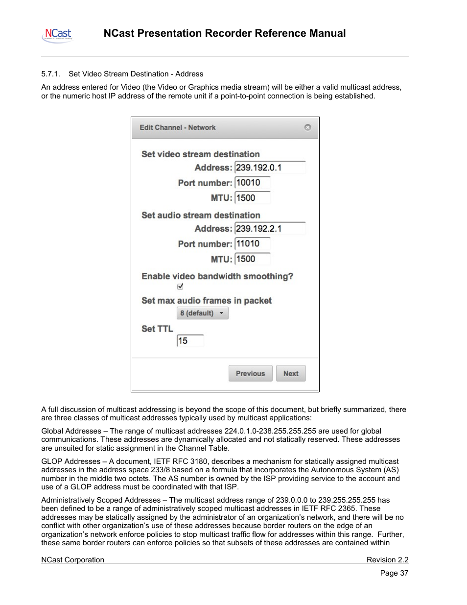 Edit channel – network, Ncast presentation recorder reference manual | NCast PR-HD User Manual | Page 37 / 113