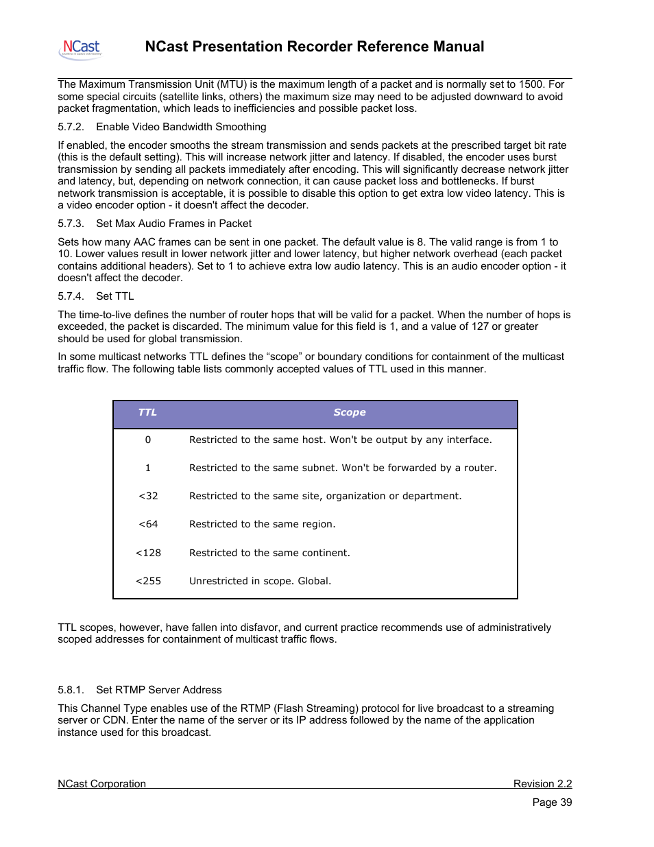 Edit channel – rtmp streaming, Ncast presentation recorder reference manual | NCast PR-HD User Manual | Page 39 / 113