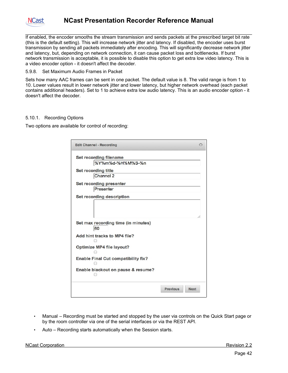 Edit channel – recording, Ncast presentation recorder reference manual | NCast PR-HD User Manual | Page 42 / 113