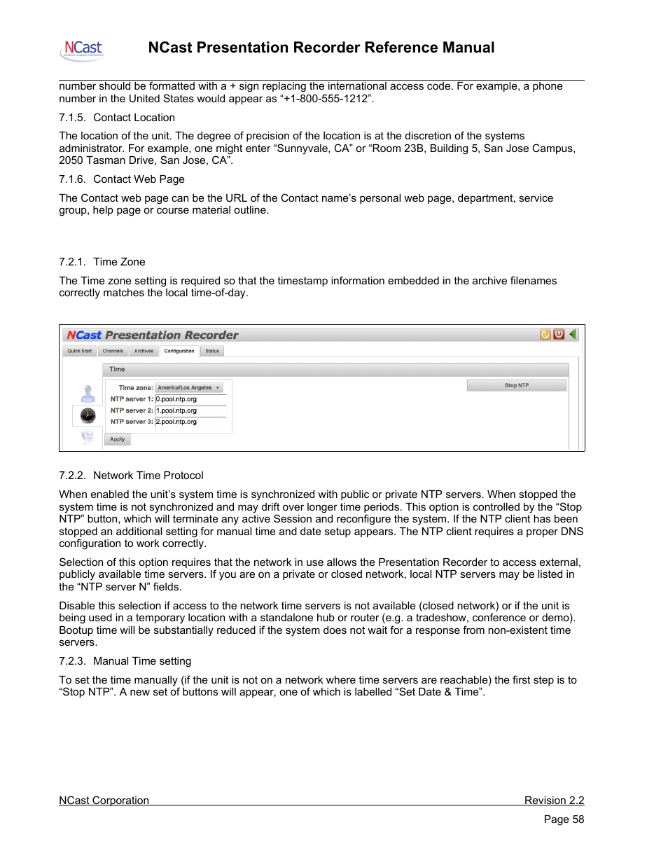 Time, Ncast presentation recorder reference manual | NCast PR-HD User Manual | Page 58 / 113