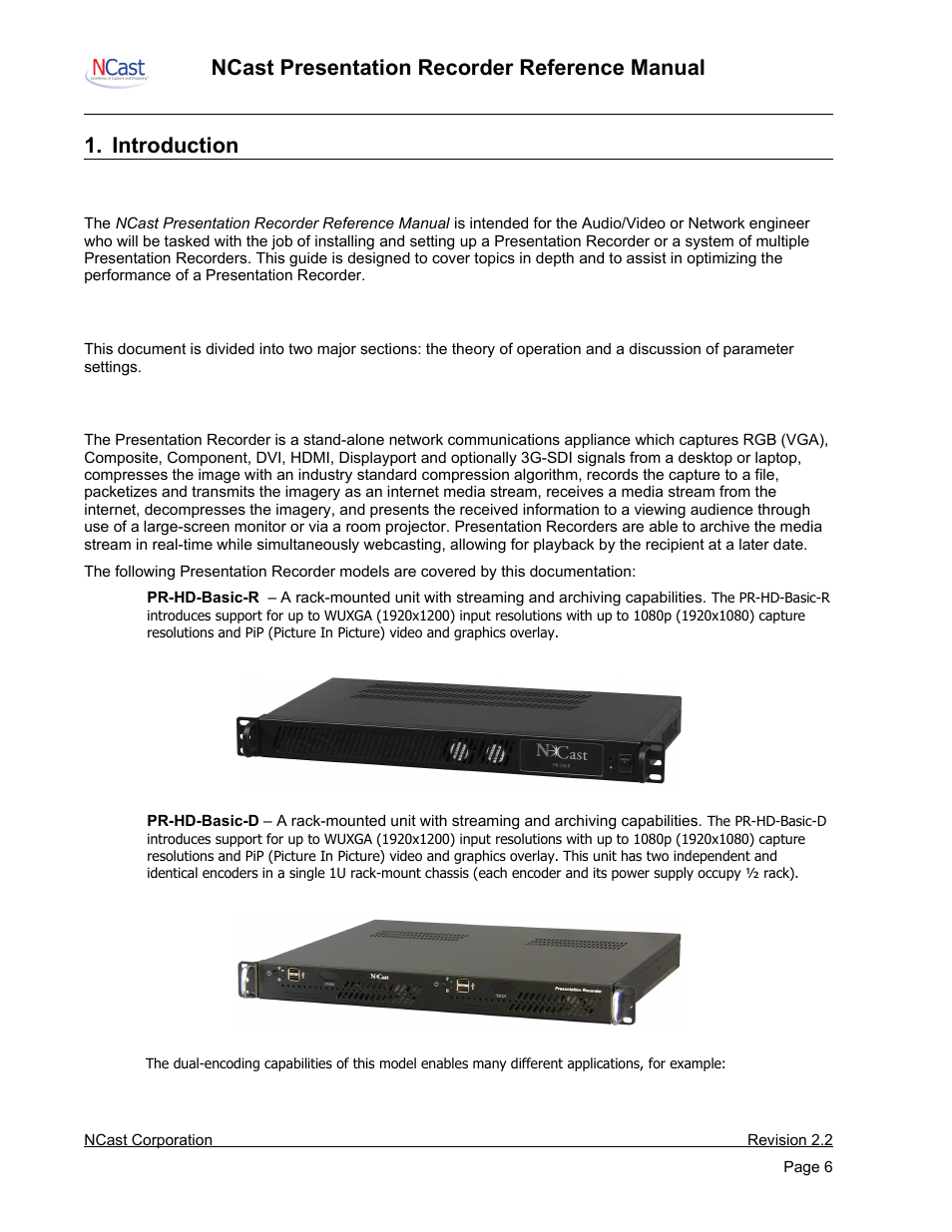 Introduction, Purpose, Document overview | Presentation recorders – basic models | NCast PR-HD User Manual | Page 6 / 113