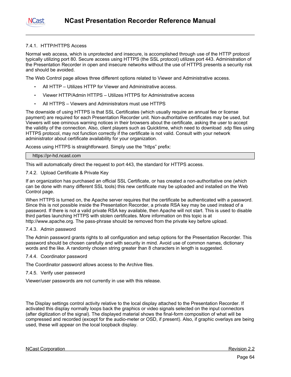 Display, Ncast presentation recorder reference manual | NCast PR-HD User Manual | Page 64 / 113