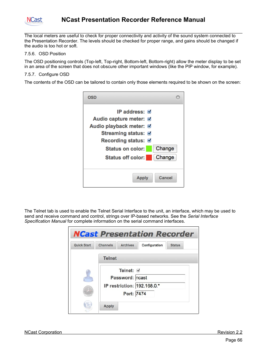 Telnet settings, Ncast presentation recorder reference manual | NCast PR-HD User Manual | Page 66 / 113