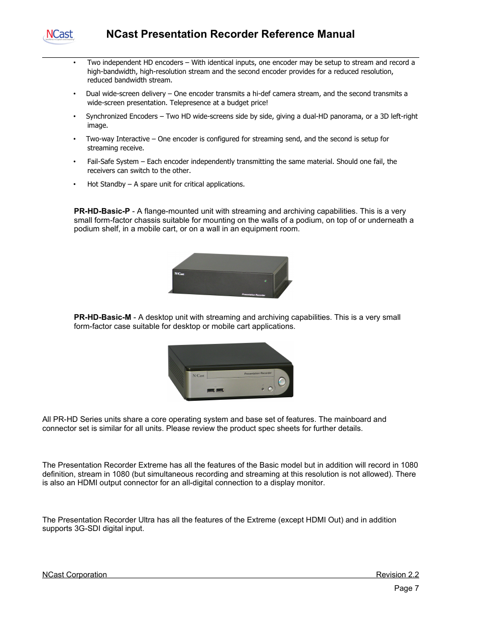 Presentation recorders – extreme models, Presentation recorders – ultra models, Ncast presentation recorder reference manual | NCast PR-HD User Manual | Page 7 / 113