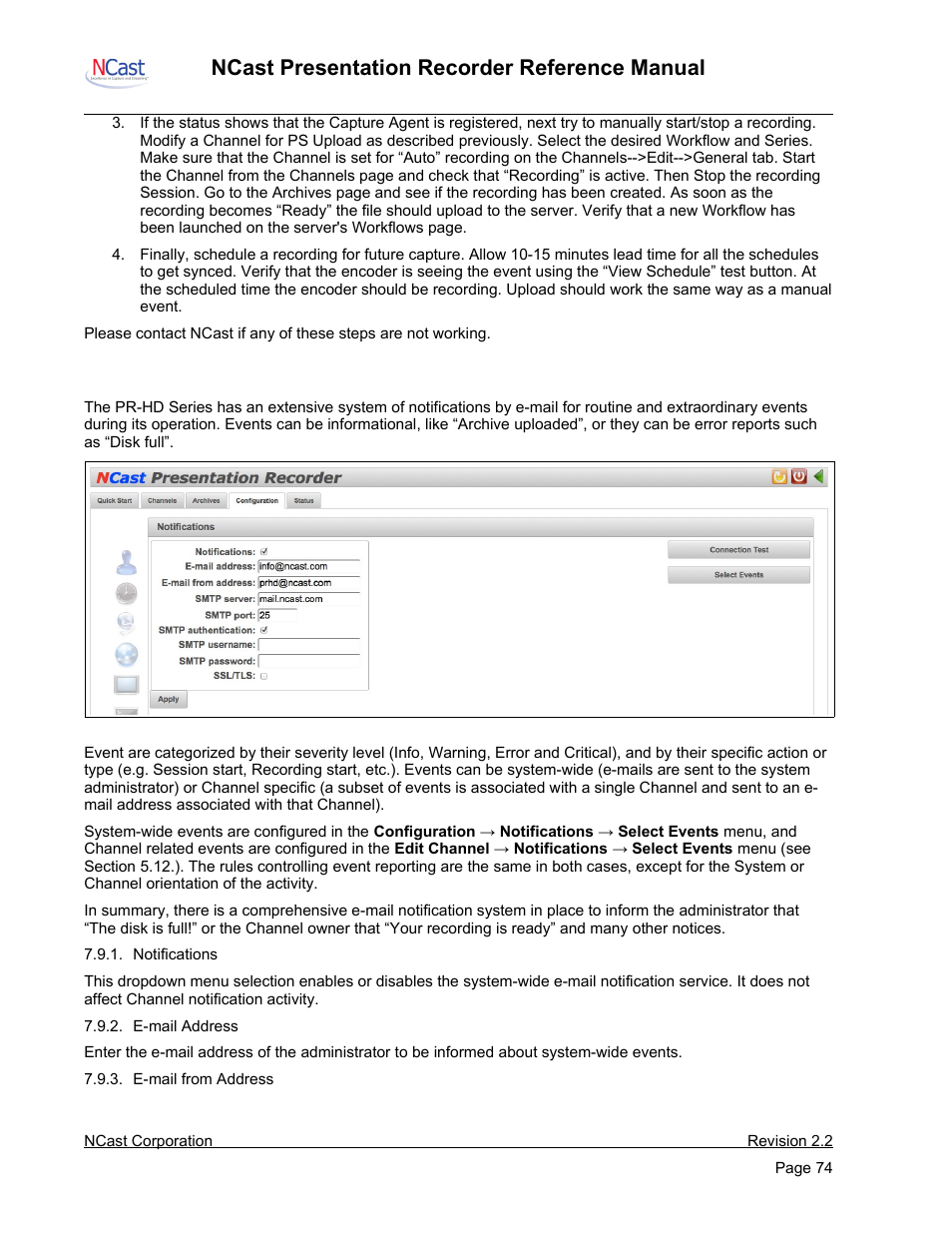 Notifications, Ncast presentation recorder reference manual | NCast PR-HD User Manual | Page 74 / 113