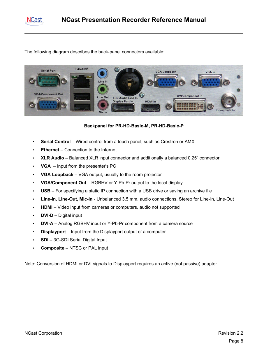 Presentation recorders – connector options, Ncast presentation recorder reference manual | NCast PR-HD User Manual | Page 8 / 113