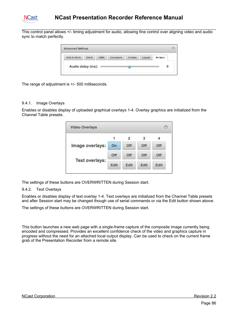 Overlays, Previews, Ncast presentation recorder reference manual | NCast PR-HD User Manual | Page 86 / 113