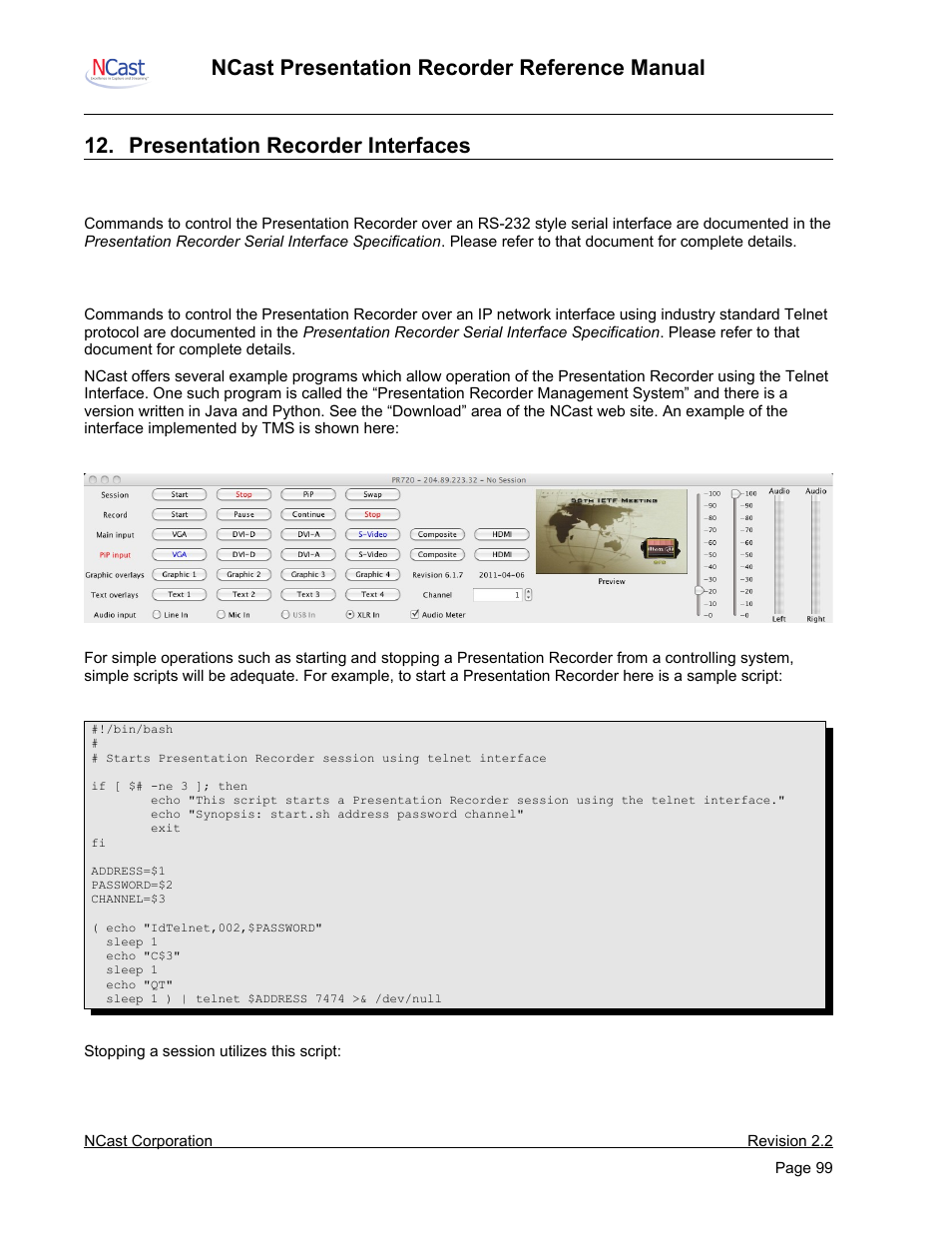 Presentation recorder interfaces, Serial interface, Telnet interface | NCast PR-HD User Manual | Page 99 / 113