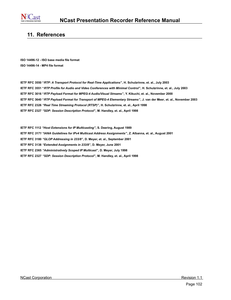 References, Mpeg compression, Packet transmission | Multicast, Mpeg c | NCast PR720 User Manual | Page 102 / 103