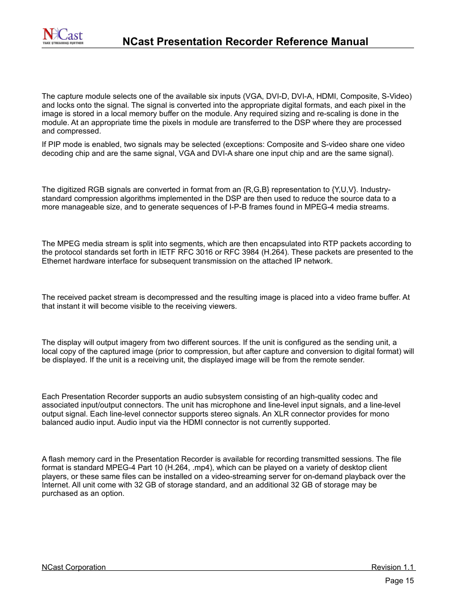 Capture module function, Compression, Transmission | Decompression, Display function, Audio subsystem, Archive flash disk, Ncast presentation recorder reference manual | NCast PR720 User Manual | Page 15 / 103