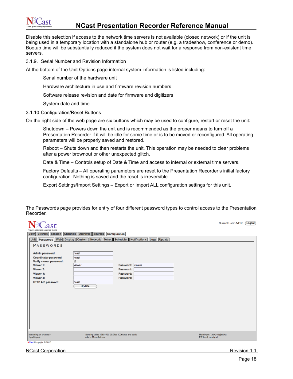 Passwords, Ncast presentation recorder reference manual | NCast PR720 User Manual | Page 18 / 103